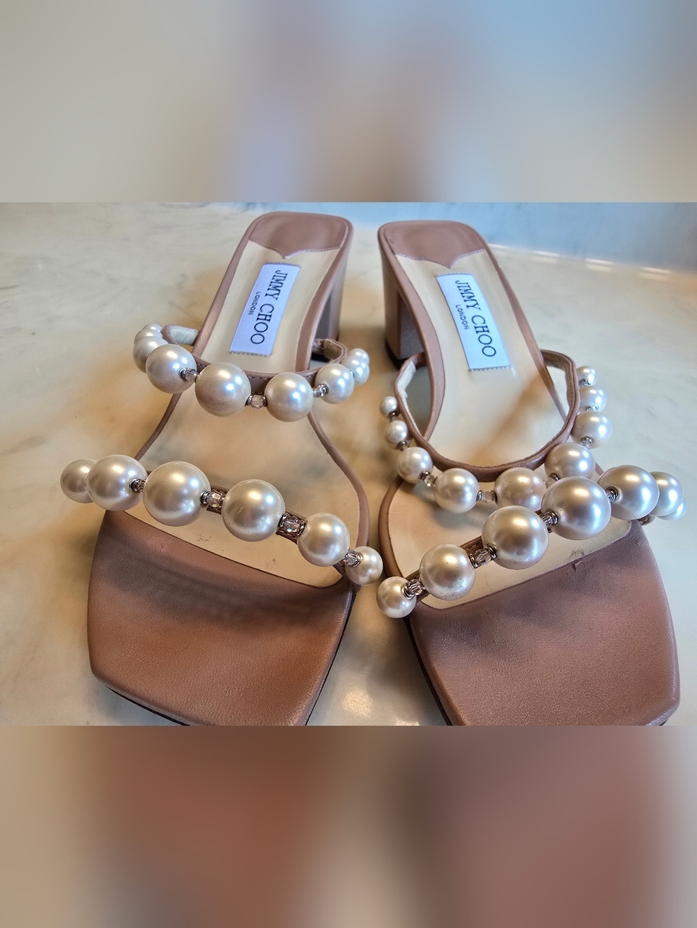 Jimmy Choo Amara Beige Pearl Embellished Slide Sandal Size 39 - Picture 3 of 11